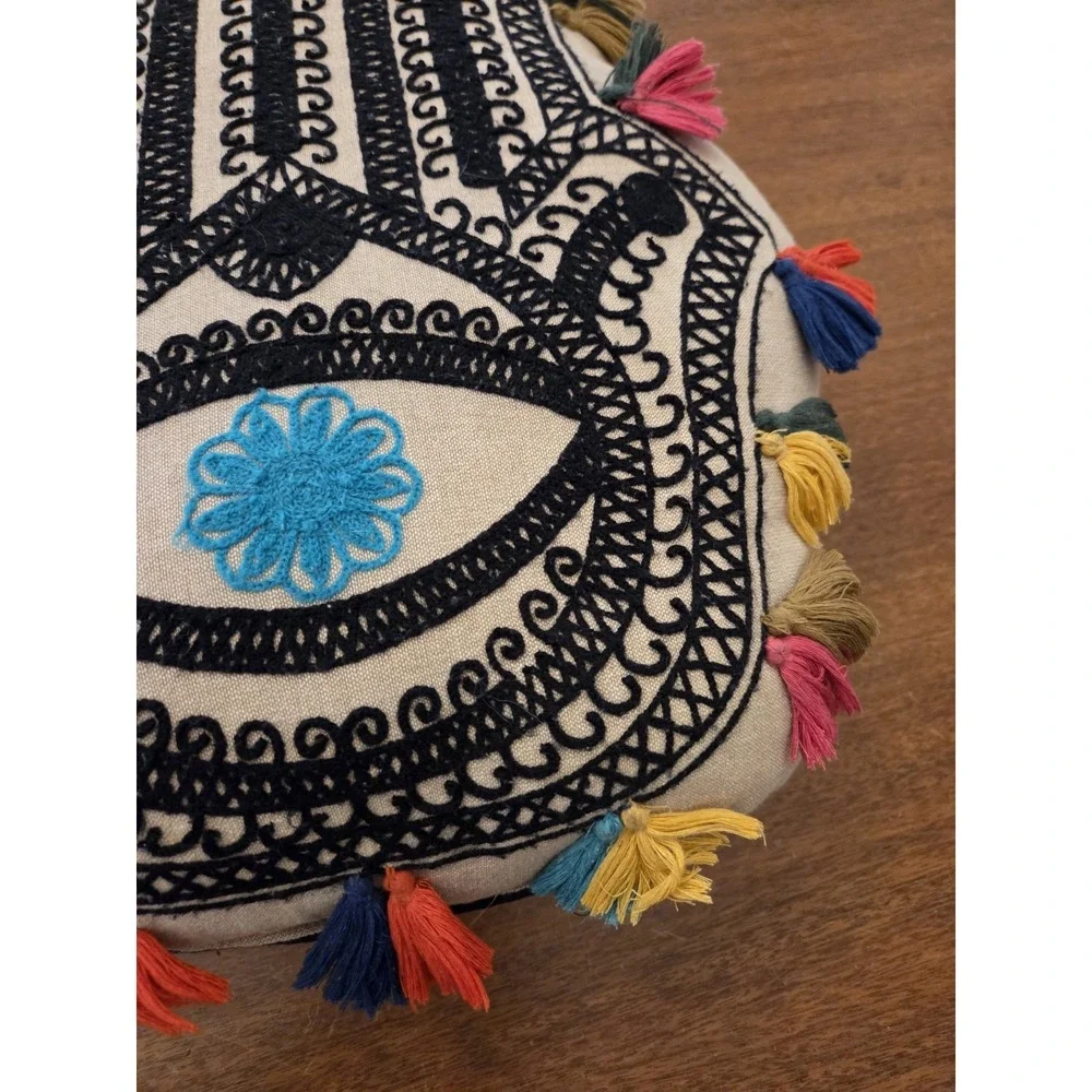 Hamsa‎ Open Palm Decorative Throw Pillow Boho Spiritual Embroidered Tassels